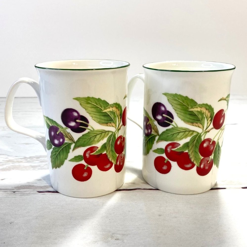 Roy Kirkham Cherry Fruit Garden Mugs in Fine Bone China Set of 2 England 1990